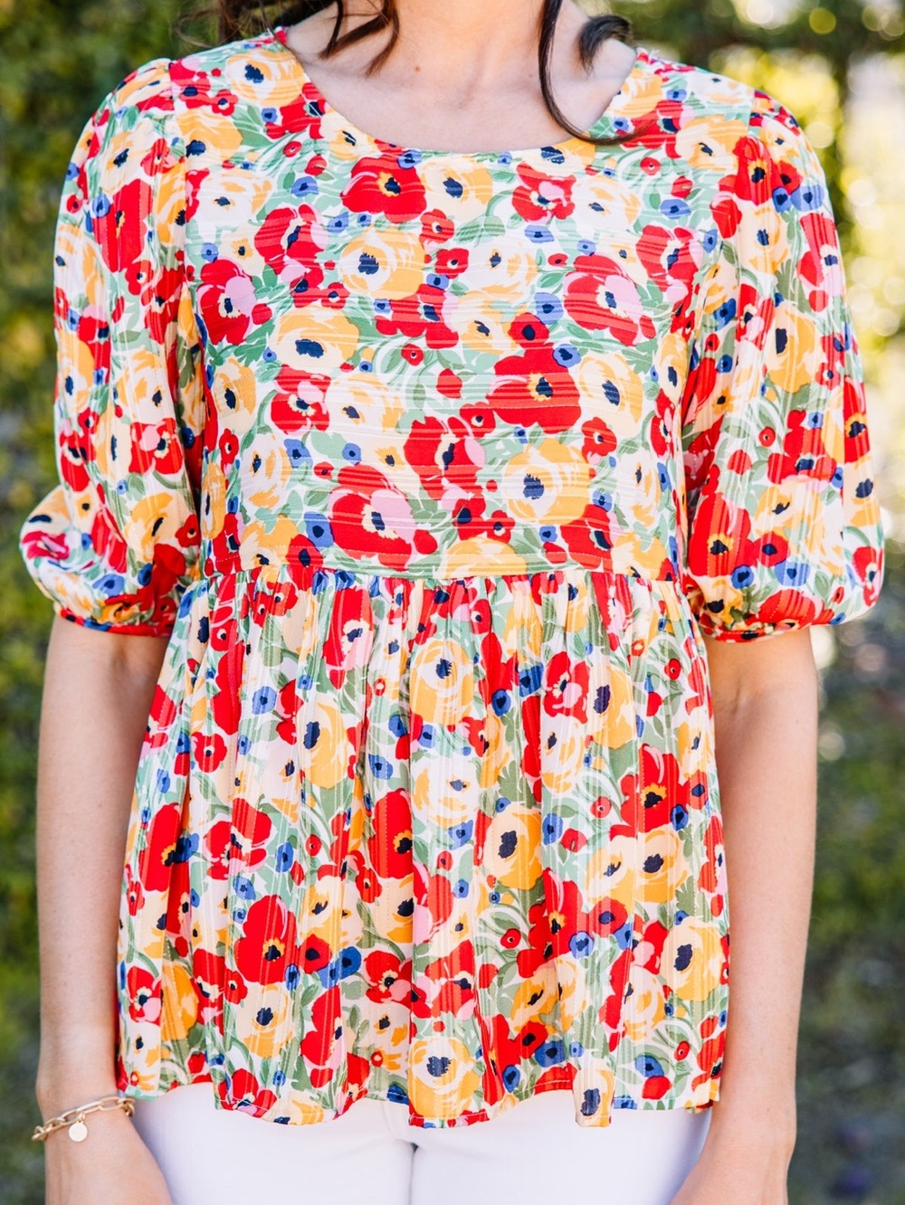 Umgee Red Floral Peplum Babydoll Top Short Puff Sleeves Size M NWT